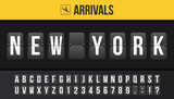 Creative vector illustration of New York airport departure destination, arrivals board, flip scoreboard background. Art design analog airport timetable arrivals, departure sign template concept.