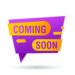 Wall Mural - Coming soon violet banner design. Speech bubble origami shape vector illustration. Abstract graphic element with text. Template for promotion poster, advertising label or flyer