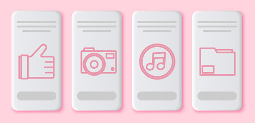 Set line Hand like, Photo camera, Music note, tone and Document folder. White rectangle button. Vector