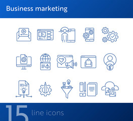 Canvas Print - Business marketing icons. Set of line icons. Social media, video message, content management. Promotion concept. Vector illustration can be used for topics like advertising, internet, application