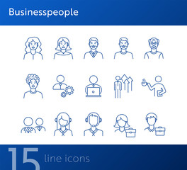 Wall Mural - Businesspeople icons. Set of line icons on white background. Coffee break, manager, employee. Office workers concept. Vector illustration can be used for topics like business, career, employment