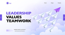 Business Leadership Concept Banner. Group Of White Paper Airplanes Led By The Purple Paper Plane Flying Upward. Business Vector Illustration.