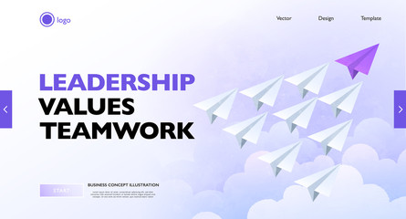 Business leadership concept banner. Group of white paper airplanes led by the purple paper plane flying upward. Business vector illustration.