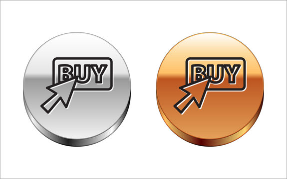 Black line Buy button icon isolated on white background. Silver-gold circle button. Vector Illustration
