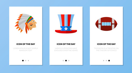 Poster - American symbols icon set. Indian, rugby, top hat isolated sign. America, USA, national holidays concept. Vector illustration symbol element for web design