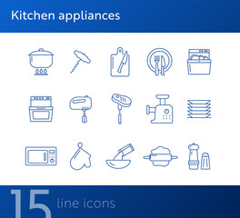 Poster - Kitchen appliances icons. Set of line icons. Mincing machine, mixer, rolling pin. Culinary concept. Vector illustration can be used for topics like restaurant business, cooking