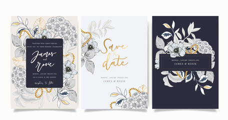 Wedding luxury set Invitation, floral invite thank you, rsvp modern card Design in gold flower with  leaf greenery  branches decorative Vector elegant rustic template