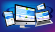 © rrice - ウェブページを表示したノートパソコンとスマホとタブレット-青色背景