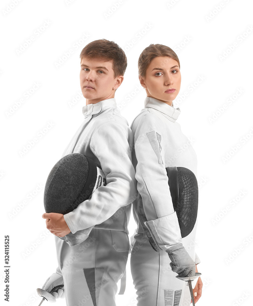 Young fencers on white background