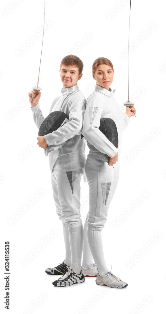 Young fencers on white background