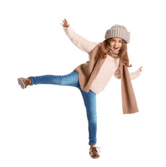 Poster - Happy little girl in winter clothes on white background