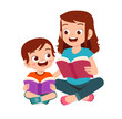 happy cute little kid boy read story book with mom
