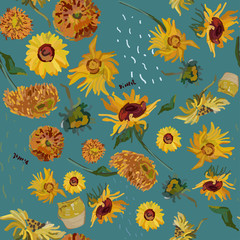 sunflower flowers on a background of sea green. vector illustration based on the painting of van gog