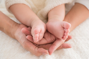closeup newborn baby feet while the mother is carrying in home. baby feet in mother hands. mom and h