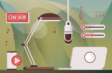 Poster - microphone retro with laptop and radio icons