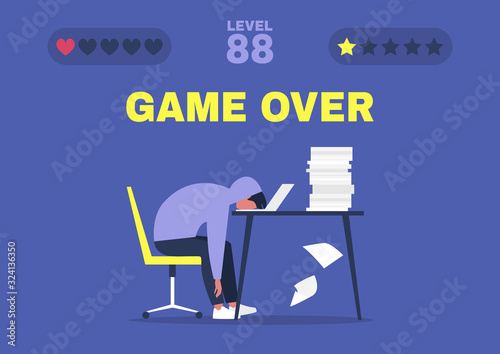 Fotomural Game over, professional burnout, Young exhausted male manager sitting at the off