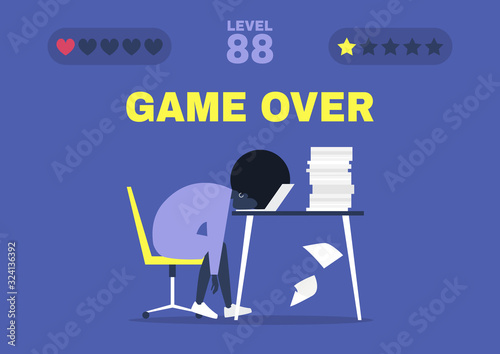 Cuadros en Lienzo Game over, professional burnout, Young exhausted black female manager sitting at