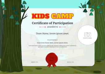 Kids certificate template in vector for camping participation