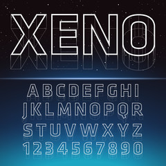 Poster - Retro Futuristic  3D Font. Stylish Retro Synth Wave Alphabet in 80s style. Vector font on blue space background