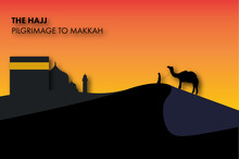 Illustration Vector: The Hajj Pilgrimage To Makkah. Sand Dune With Silhoutte Mosque, People And Camel