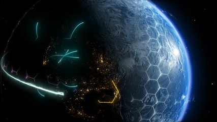 Poster - planet earth, with holographic elements of communication media, maps and textures provided nasa