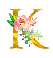 Golden Classical Form Letter K Decorated With Watercolor Flowers And Leaves, Isolated On White Background. Luxury Unique Design For Wedding Invitations, Posters, Cards, Home Decoration, Other Concepts