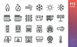 Heating and cooling icons set. Set of heaters, gas and fire flame, air conditioning, infrared heater, oil radiator, electric fireplace insert, electric warm floor, fan heater vector outline icon