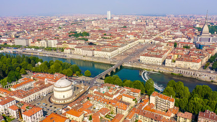 Turin, Italy. Flight over the city. Catholic Parish Church Gran Madre Di Dio, Aerial View