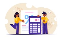 Mortgage Calculator Concept. Girl And The Guy Calculate The Interest On The Loan When Buying A New House Or Apartment. Bank Has A Low Interest Rate. Vector Isolated Illustration.