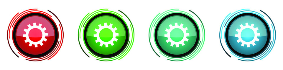 Leinwandbilder - Gear round glossy vector icons, cogwheel set of buttons for webdesign, internet and mobile phone applications in four colors options isolated on white background