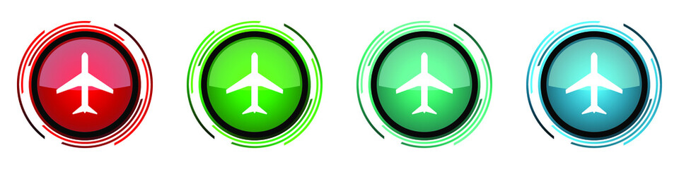Aufkleber - Plane round glossy vector icons, flight, airplane set of buttons for webdesign, internet and mobile phone applications in four colors options isolated on white background