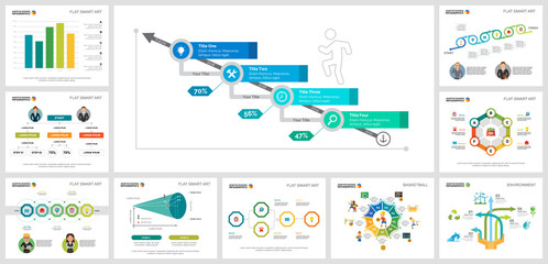 Colorful basketball and ecology concept infographic charts set. Business design elements for presentation slide templates. For corporate report, advertising, leaflet layout and poster design.