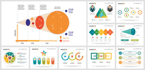 Canvas Print - Bright business infographic design set for report layout, teamwork analysis, presentation, site design. Business and development concept with area diagram, bar, percentage, and step charts.