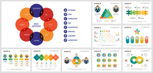 Wall Mural - Vivid infographics design set for development report layout, annual infographic, slides, web design. Business and analysis concept with venn diagram, bar, percentage, process, and step charts.