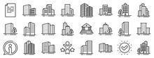 Bank, Hotel, Courthouse. Buildings Line Icons. City, Real Estate, Architecture Buildings Icons. Hospital, Town House, Museum. Urban Architecture, City Skyscraper, Downtown. Vector