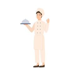 Professional male chef holding serving plate vector flat illustration. Happy kitchener in white uniform enjoying tasty food isolated on white. Funny cartoon cook staff holding fresh dish