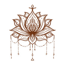 Ornate Lotus Flower. Ayurveda Symbol Of Harmony And Balance And Universe. Tattoo Design, Yoga Logo. Boho Print, Poster, T-shirt Textile. Isolated Outline Vector Illustration.