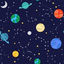 Space Seamless Pattern With Colourful Planets And Constellations Vector Illustration. Sky Full Of Yellow Stars And Zodiac Signs Cartoon Design Endless Texture. Astronomy Concept