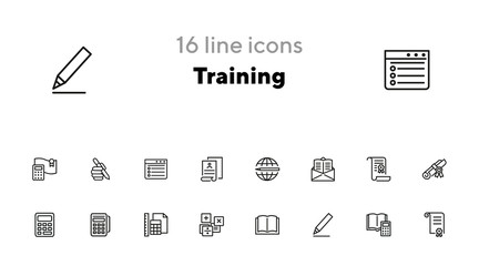 Sticker - Training line icon set. Calculator, tutorial, diploma, certificate. Education concept. Can be used for topics like studying, college, university