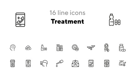 Sticker - Treatment line icon set. Pills, online doctor, inhaler. Healthcare concept. Can be used for topics like medical consulting, service, urgent help