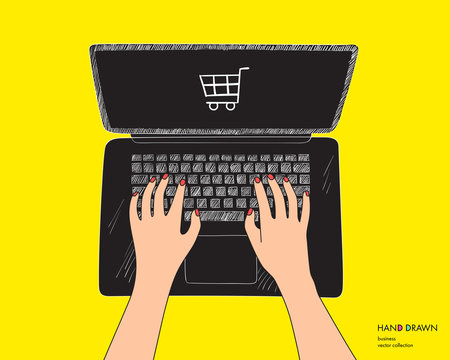 Online shopping colorful illustration with black laptop. Final sale on monitor with place for your text. Hands on keyboard. Hand drawn vector sketch isolated on white background