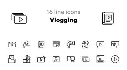 Vlogging line icon set. Set of line icons on white background. Video production concept. Video folder, editing, playlist. Vector illustration can be used for topics like production, vlogging, cutting