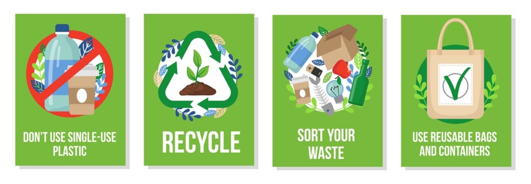 Wall Mural - Responsible consumption posters collection vector illustration. Dont use single-use plastic recycle sort your waste and reusable bags and containers flat style. Eco concept