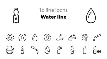 Poster - Water line icons. Set of line icons. Bottle of water, dehydration, glass of water, jug. Fluid concept. Vector illustration can be used for topics like hydration, water