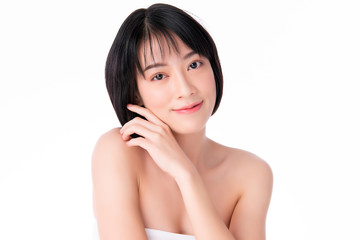 Portrait beautiful young asian woman clean fresh bare skin concept. Asian girl beauty face skincare and health wellness, Facial treatment, Perfect skin, Natural makeup, on white background,two