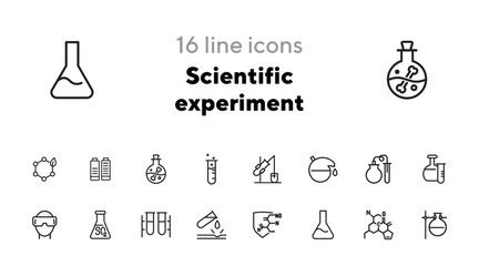 Scientific experiment icon. Set of line icon on white background. Chemical reaction, laboratory equipment, research. Chemistry concept. Vector can be used for topics like medicine, education, science