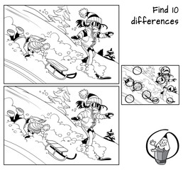 Wall Mural - Winter holidays. Little girl is snowboarding and little boy is sledding . Find 10 differences. Educational matching game for children. Black and white cartoon vector illustration