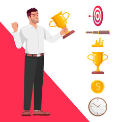 Poster - Successful businessman semi flat RGB color vector illustration. Young man holding golden trophy isolated cartoon character on white background with icons set. Professional leadership concept