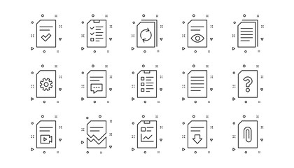 Poster - Report, Checklist and Download file. Document line icons. Read message linear icon set. Geometric elements. Quality signs set. Vector