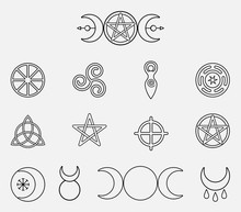 Collection Of Magical Wiccan And Pagan Symbols: Pentagram, Triple Moon, Horned God, Triskelion, Solar Cross, Spiral, Wheel Of The Year. Monochrome Vector Illustration, Isolated On White Background